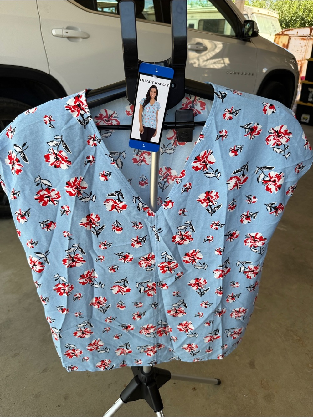 Hilary Radley Light Blue Floral V-Neck Blouse